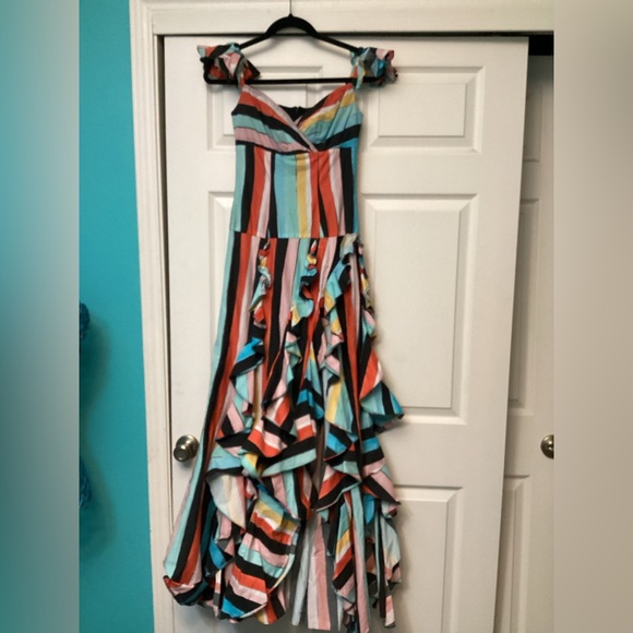 Caroline Constas Ruffle Rainbow Stripe Gown Maxi Dress in Black Multi - Picture 5 of 9